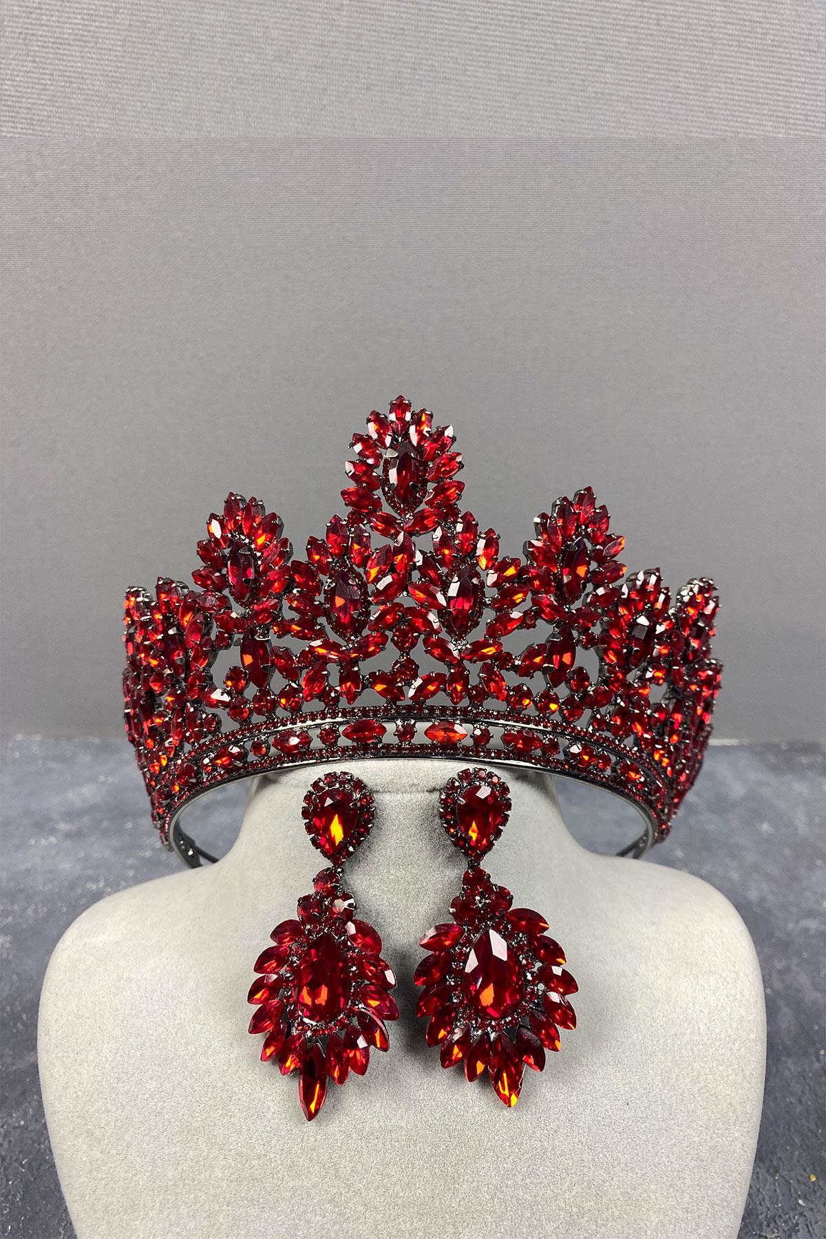 Red Godiva High Bridal Henna Crown And Shuttle Evening Dress Earrings