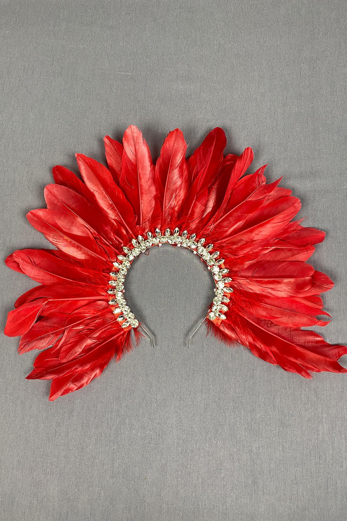Red Hera Feather Stoned Bridal Henna Crown Accessory