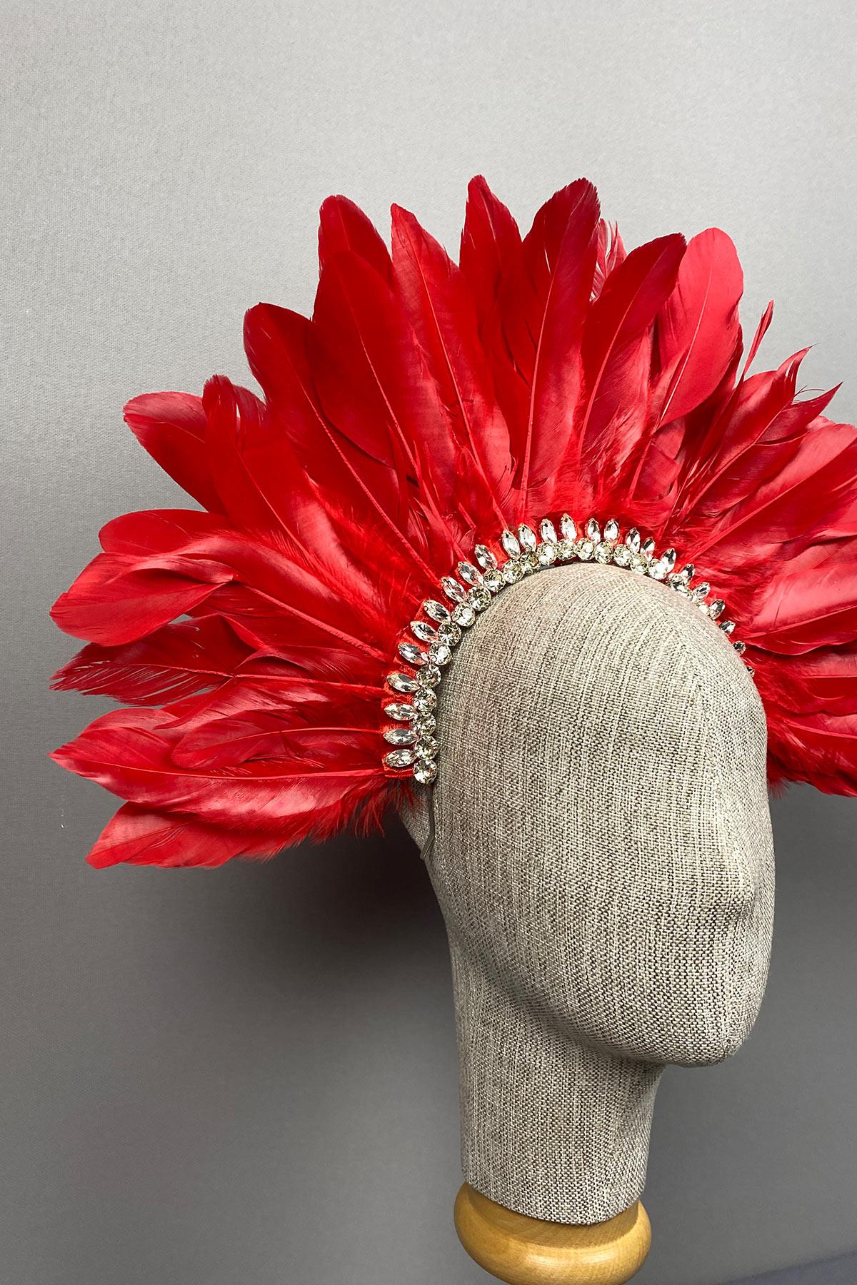 Red Hera Feather Stoned Bridal Henna Crown Accessory