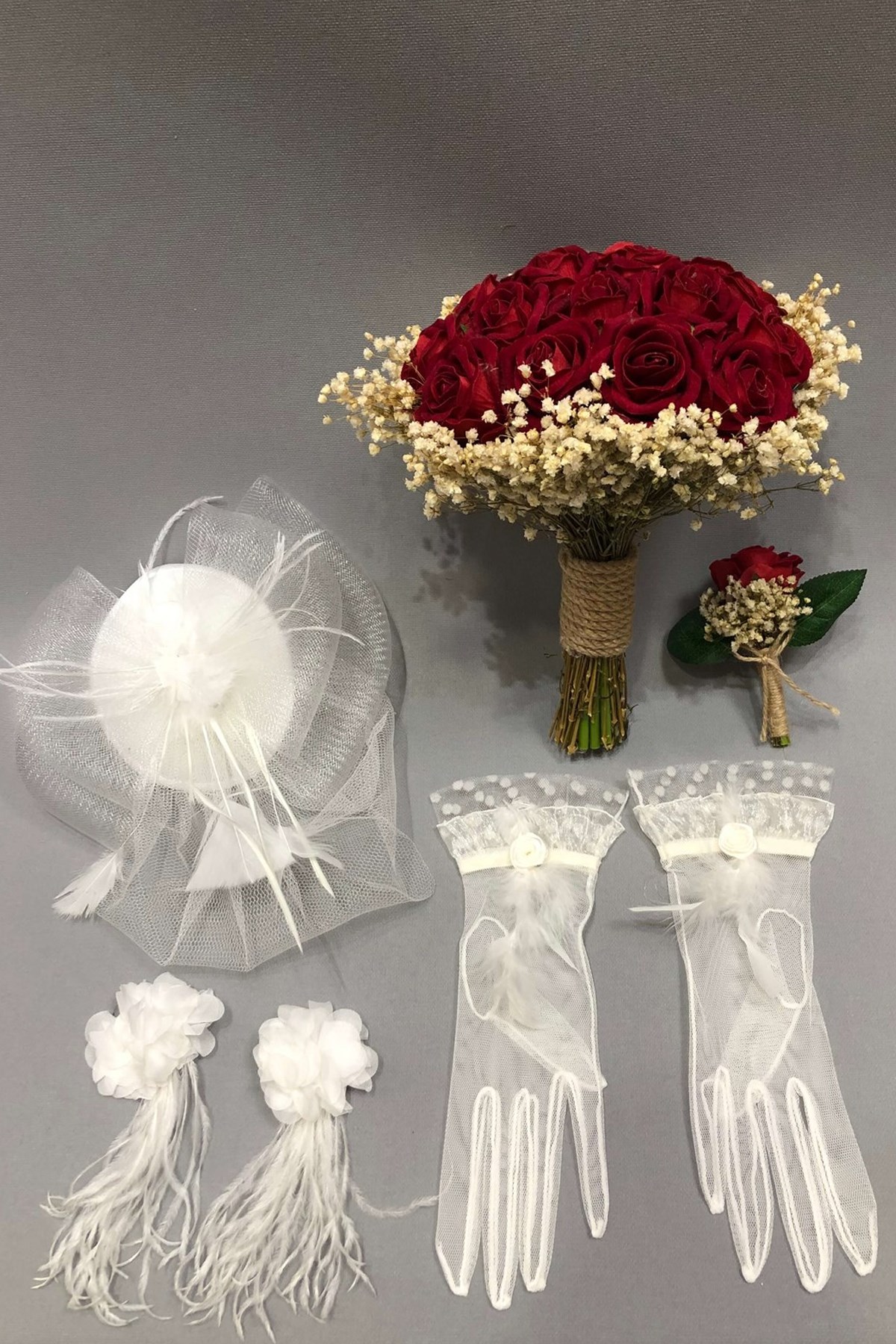 Red Velvet Rose Cream Gypsum Round Bridal Bouquet Set