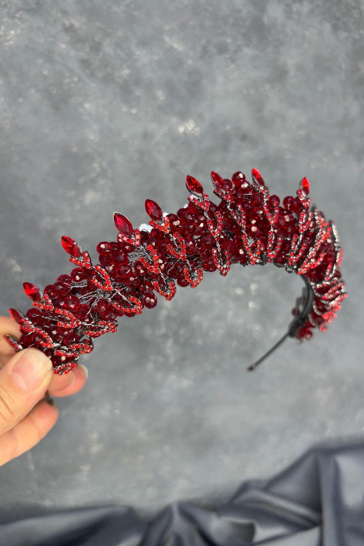 Red Crystal Bead Embellished Buglem Bridal Tiara