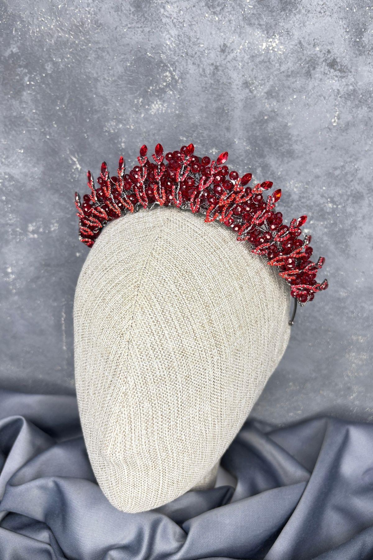 Red Crystal Bead Embellished Buglem Bridal Tiara