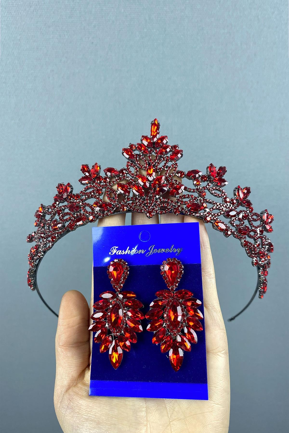 Red Melis Bridal Henna Crown And Studded Stone Earrings