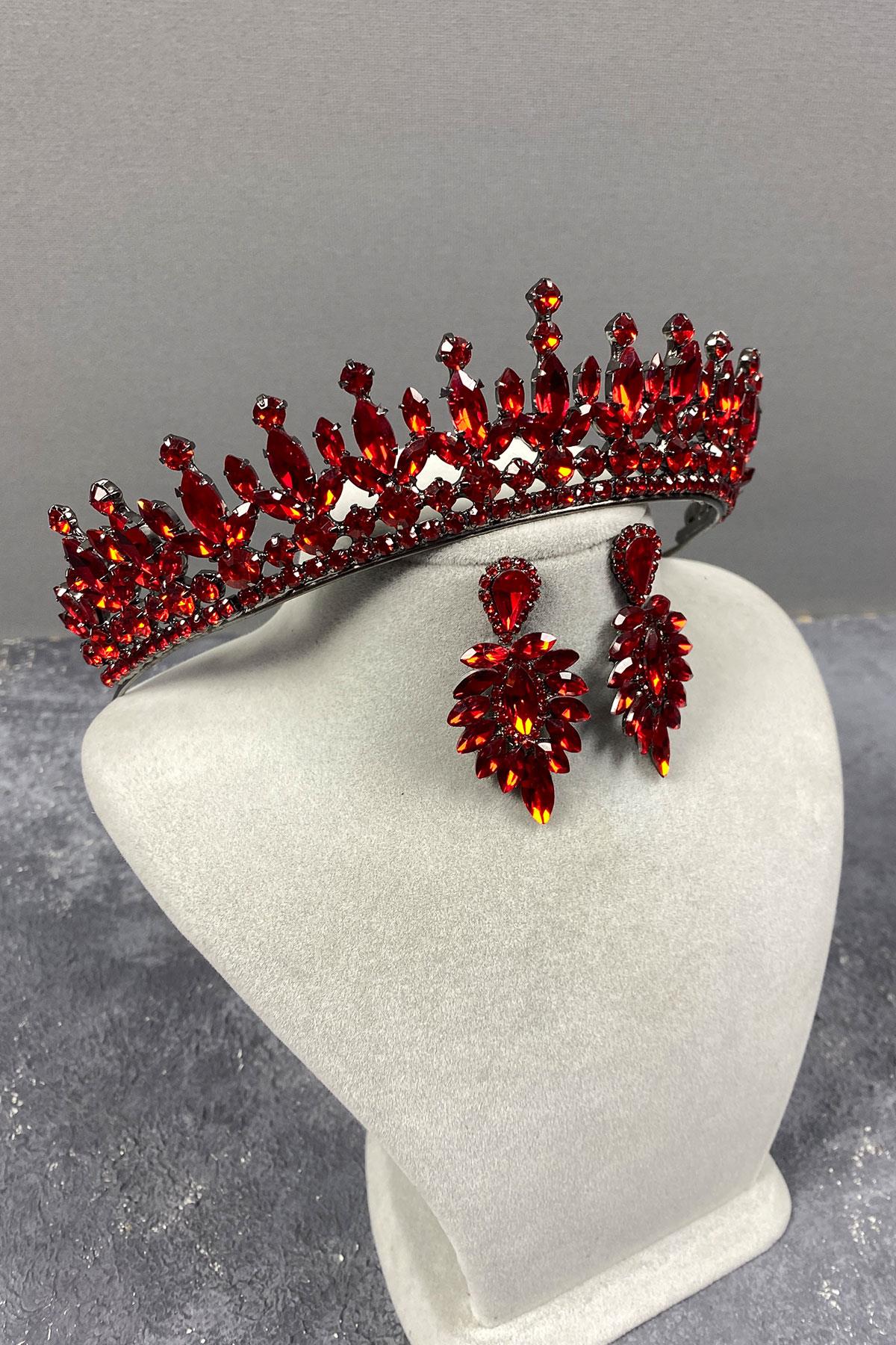 Red Pedro Stone Bridal Henna Crown And Earring Set