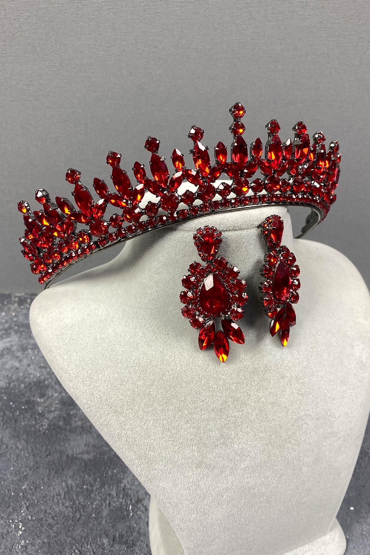 Red Pedro Stone Bridal Henna Tiara and Earring Set