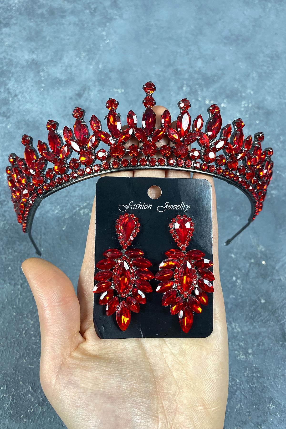 Red Pedro Stone Bridal Henna Crown And Earring Set