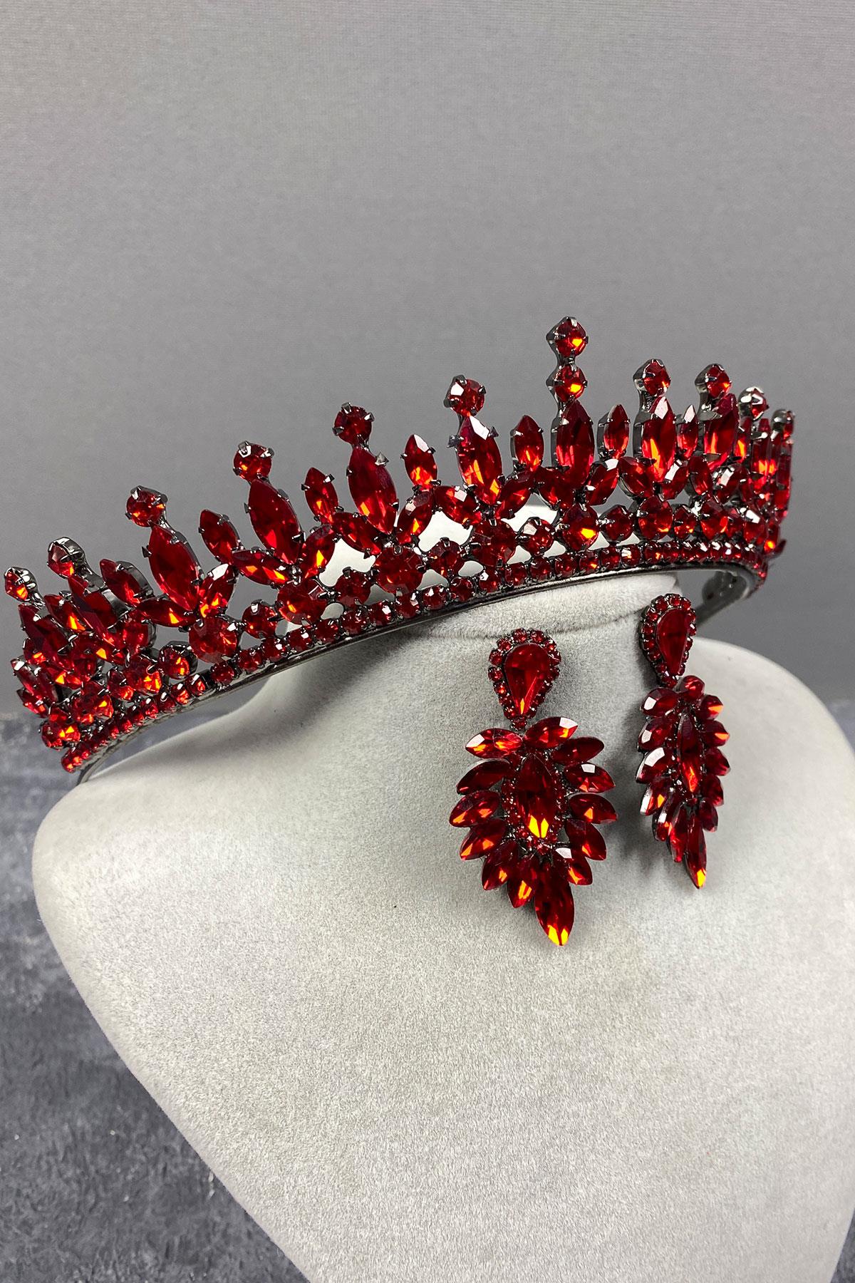 Red Pedro Stone Bridal Henna Crown And Earring Set