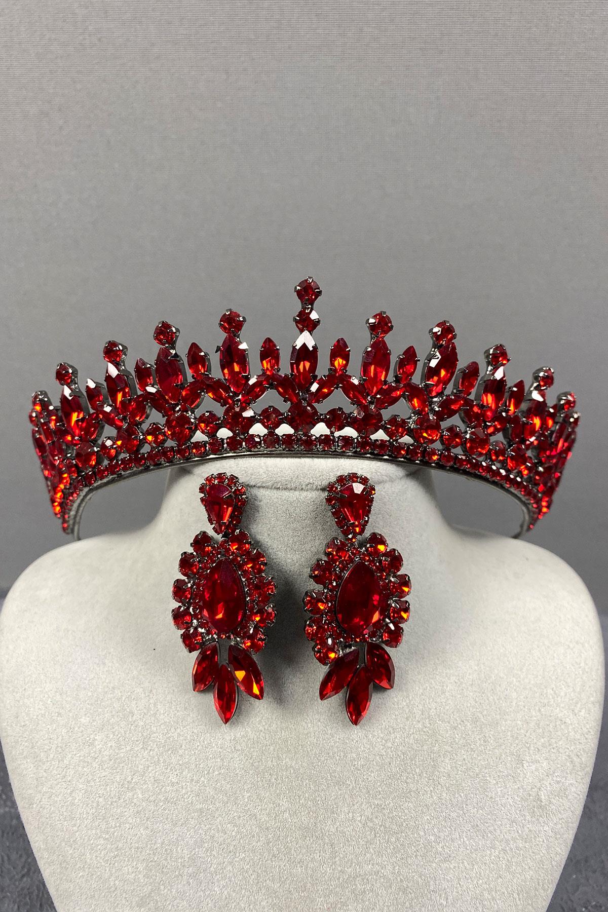 Red Pedro Stone Bridal Henna Tiara and Earring Set