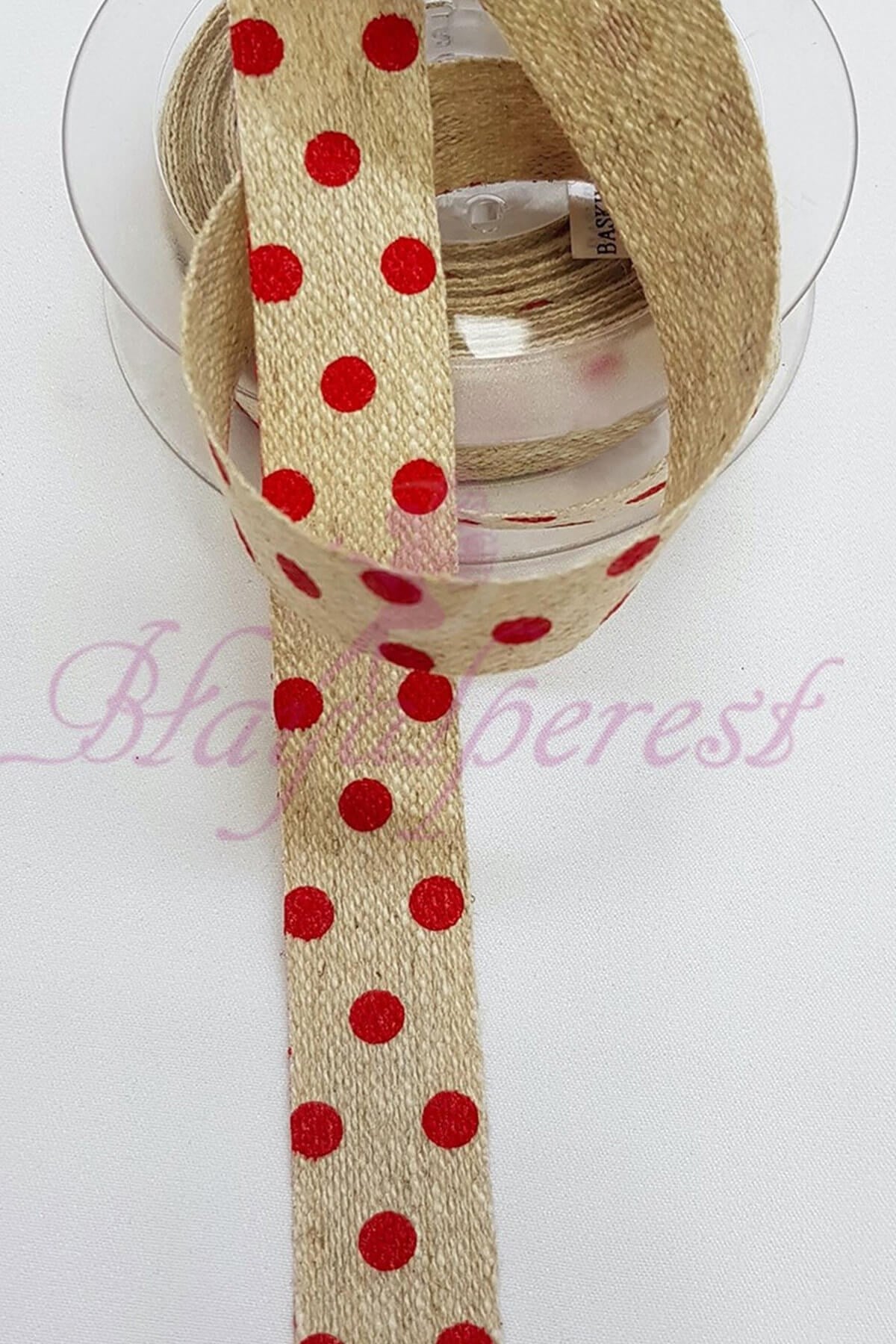 Red Polka Dot Printed Linen Ribbon 1,5cm