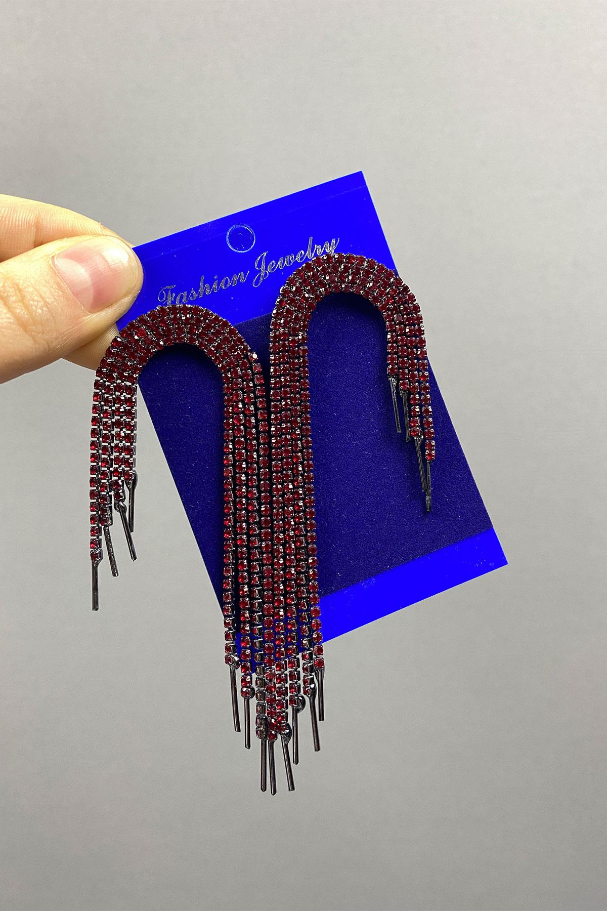 Red Dangle Evening Dress with Stone Earrings