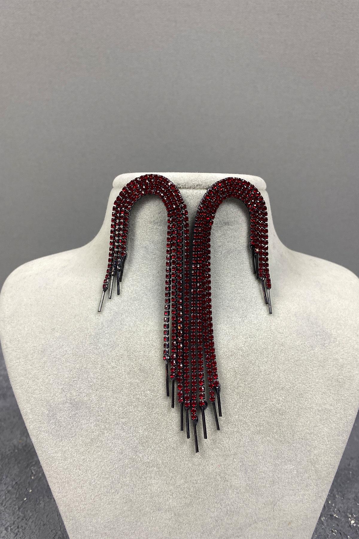 Red Dangle Evening Dress with Stone Earrings