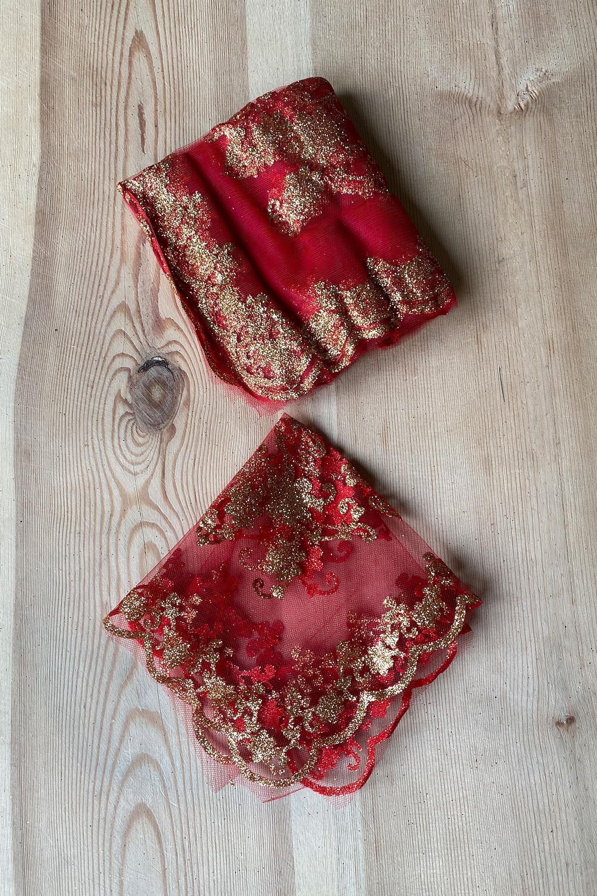 Red Glitter Foil Printed Bridal Halay Handkerchief 50 pcs