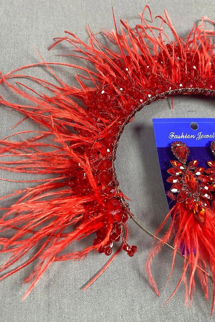 Red Sirius Crystal Beaded Feathered Bridal Henna Tiara and Earrings