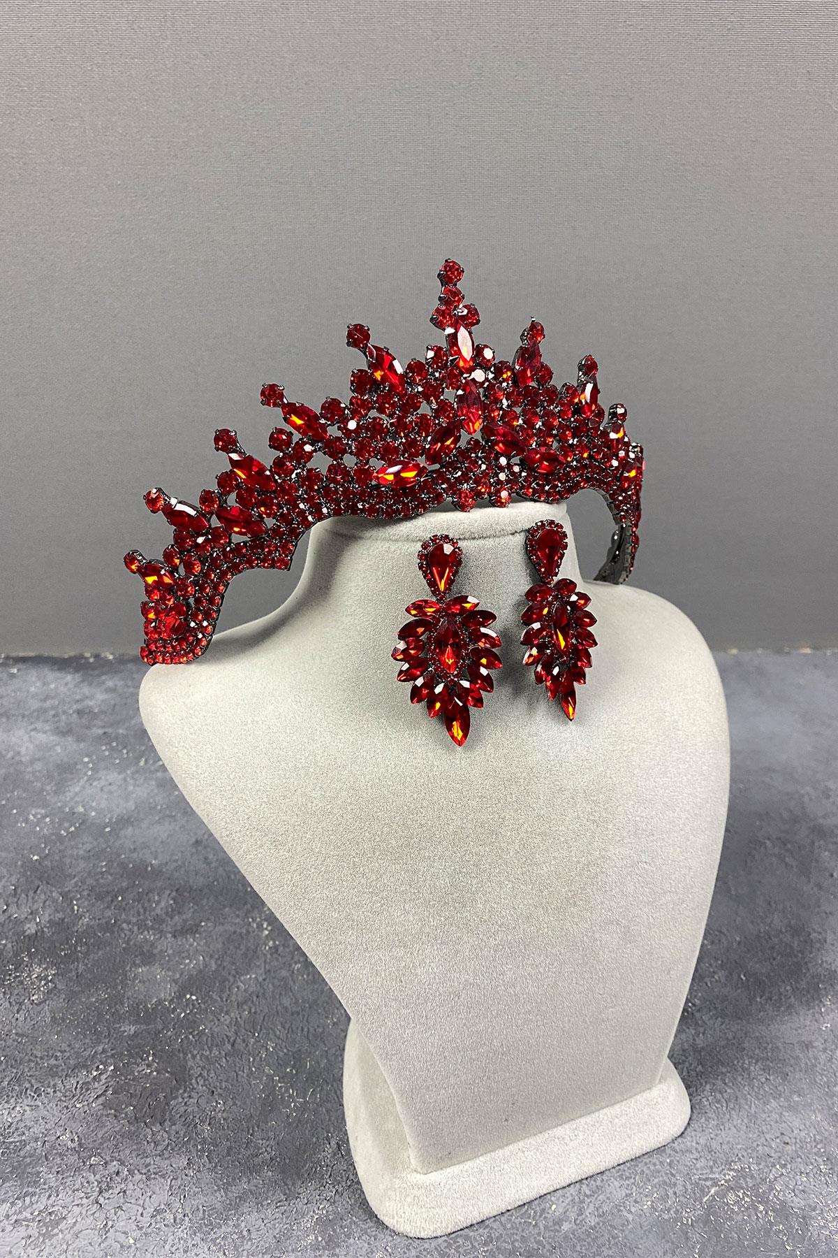 Kırmızı Tokyo Taşlı Gelin Kına Tacı Ve Mekik Küpe Seti