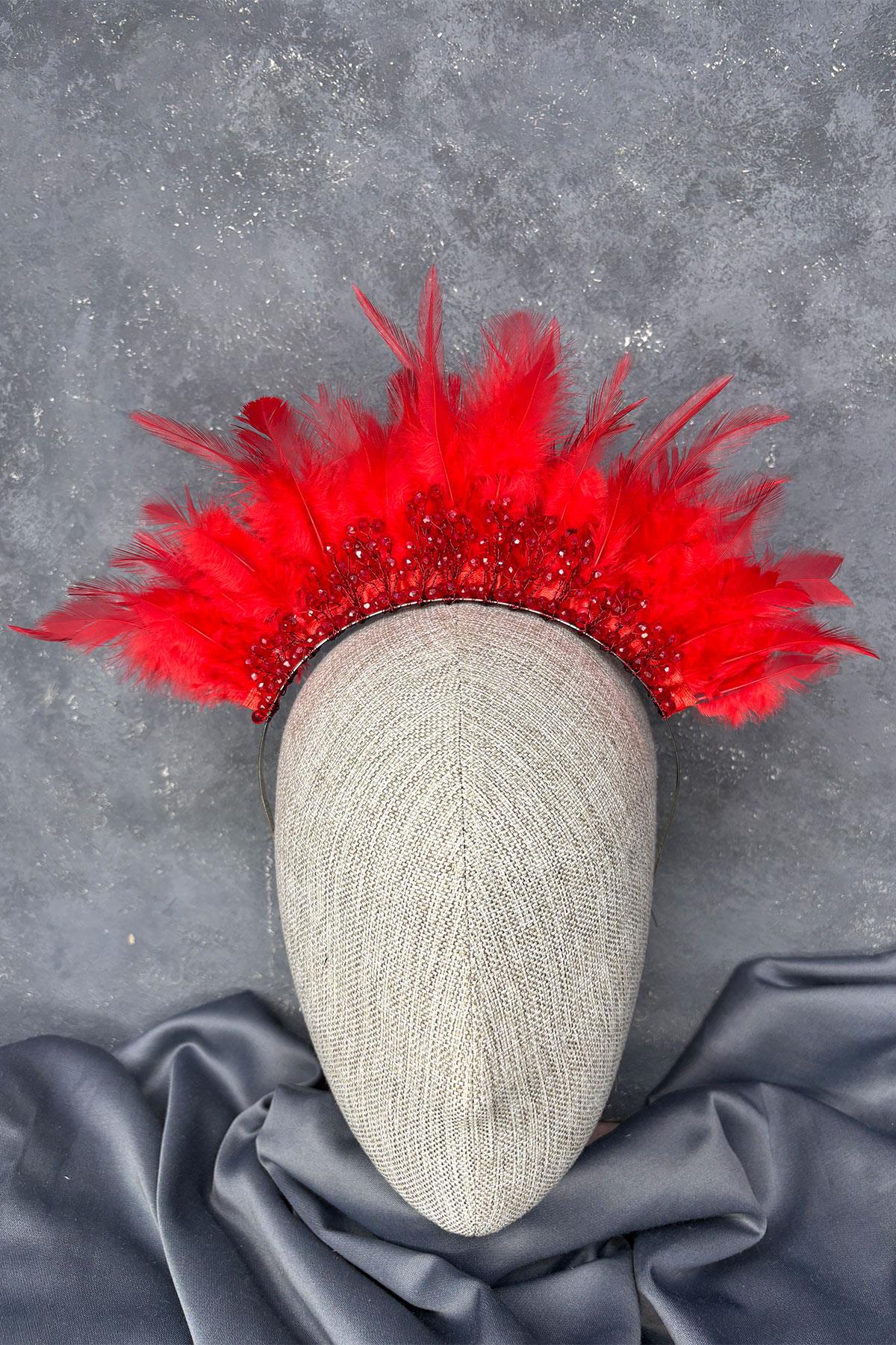 Arden Bridal Henna Tiara with Red Feathers and Crystal Beads