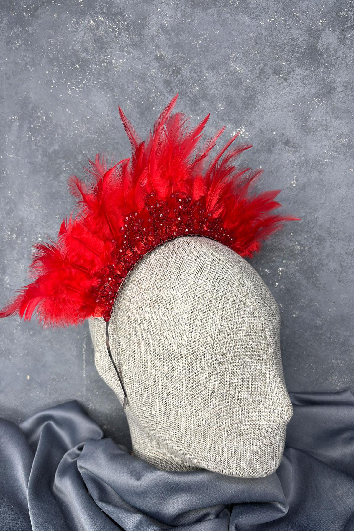 Arden Bridal Henna Tiara with Red Feathers and Crystal Beads