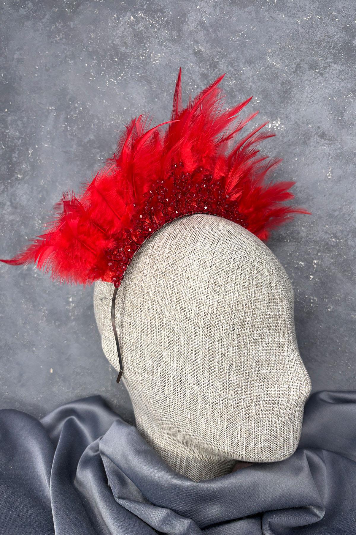Arden Bridal Henna Tiara with Red Feathers and Crystal Beads