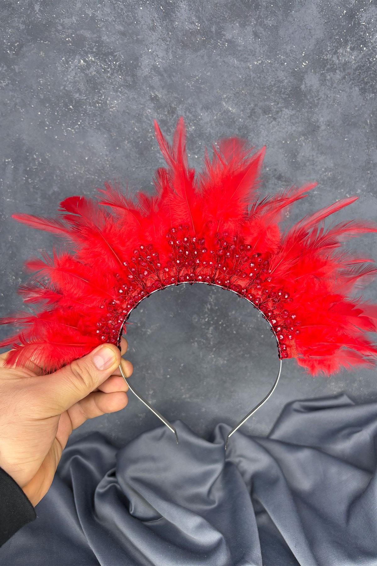 Arden Bridal Henna Tiara with Red Feathers and Crystal Beads