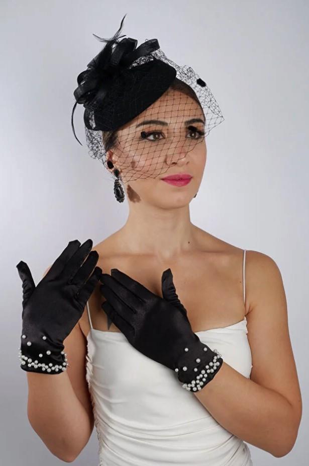 Short Satin Bridal Gloves Wedding Accessory Fascinator Hat Set