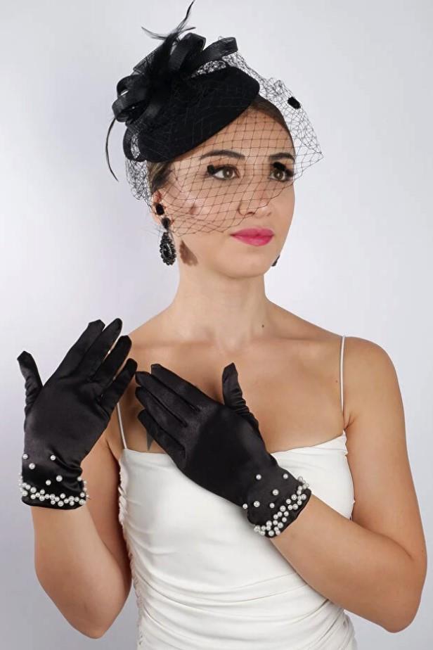 Short Satin Bridal Gloves Wedding Accessory Fascinator Hat Set