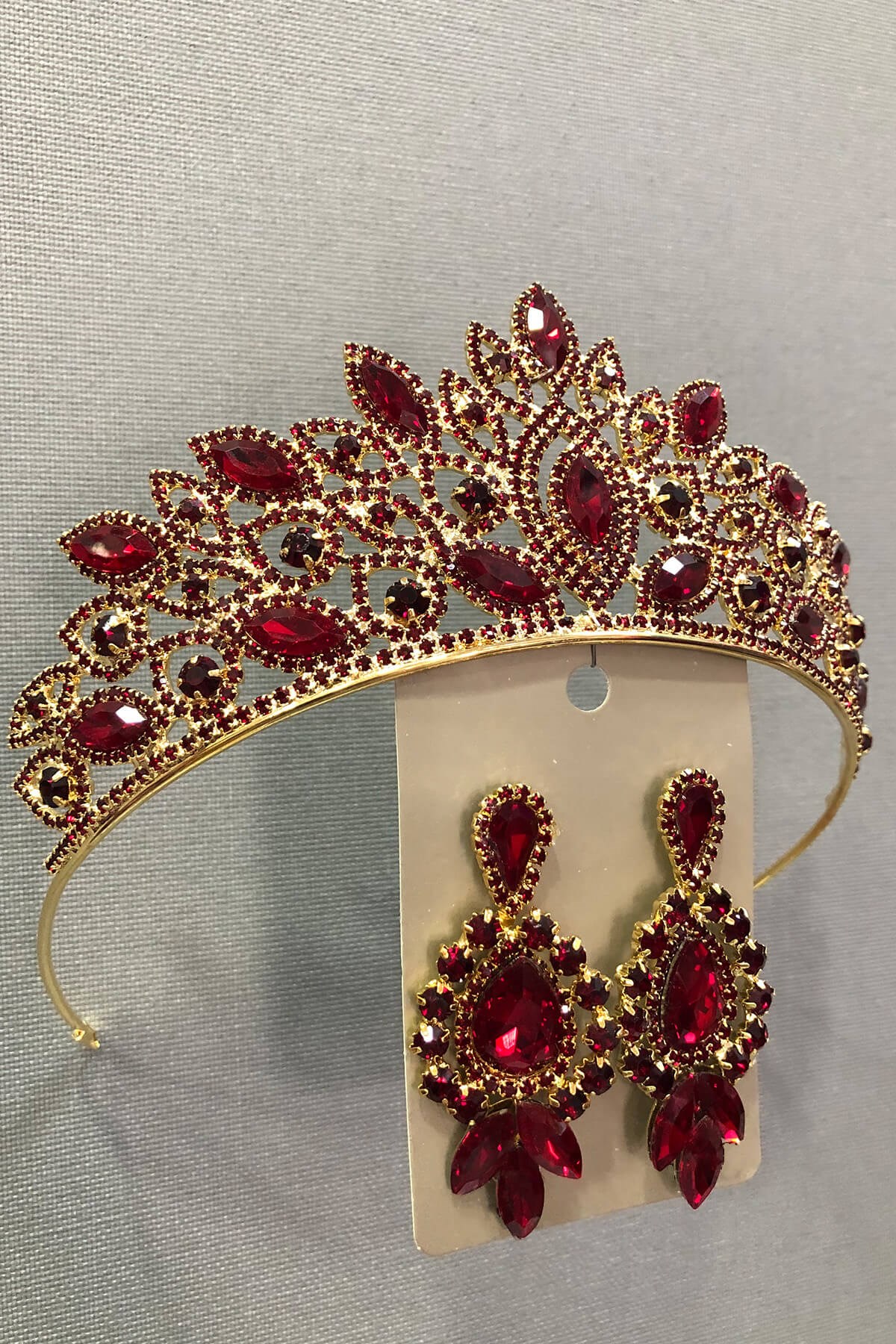 Dark Red Crystal Stone Gold Bridal Crown Henna Tiara and Earring Set