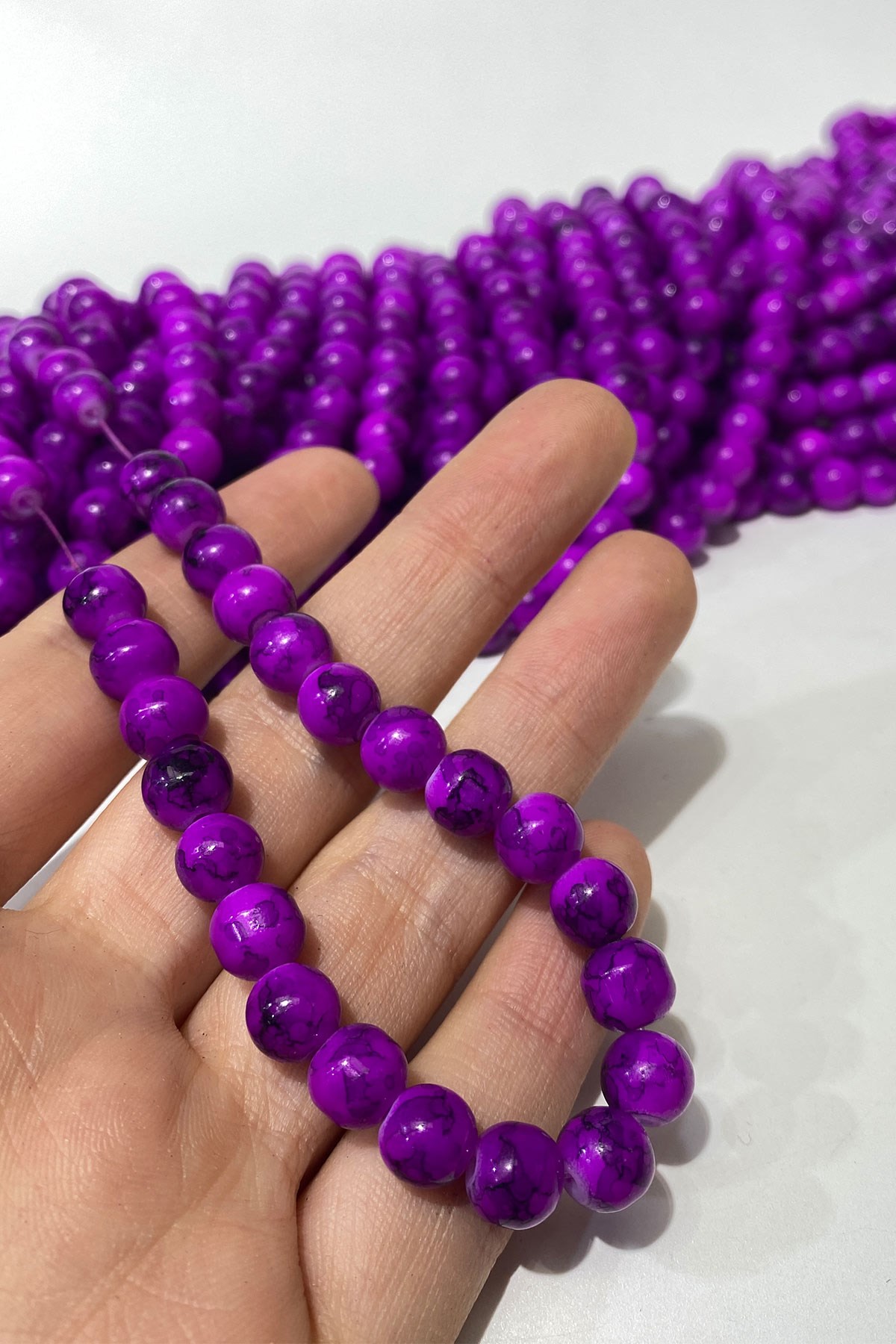 Koyu Mor Desenli Dizi Cam Boncuk 8 mm