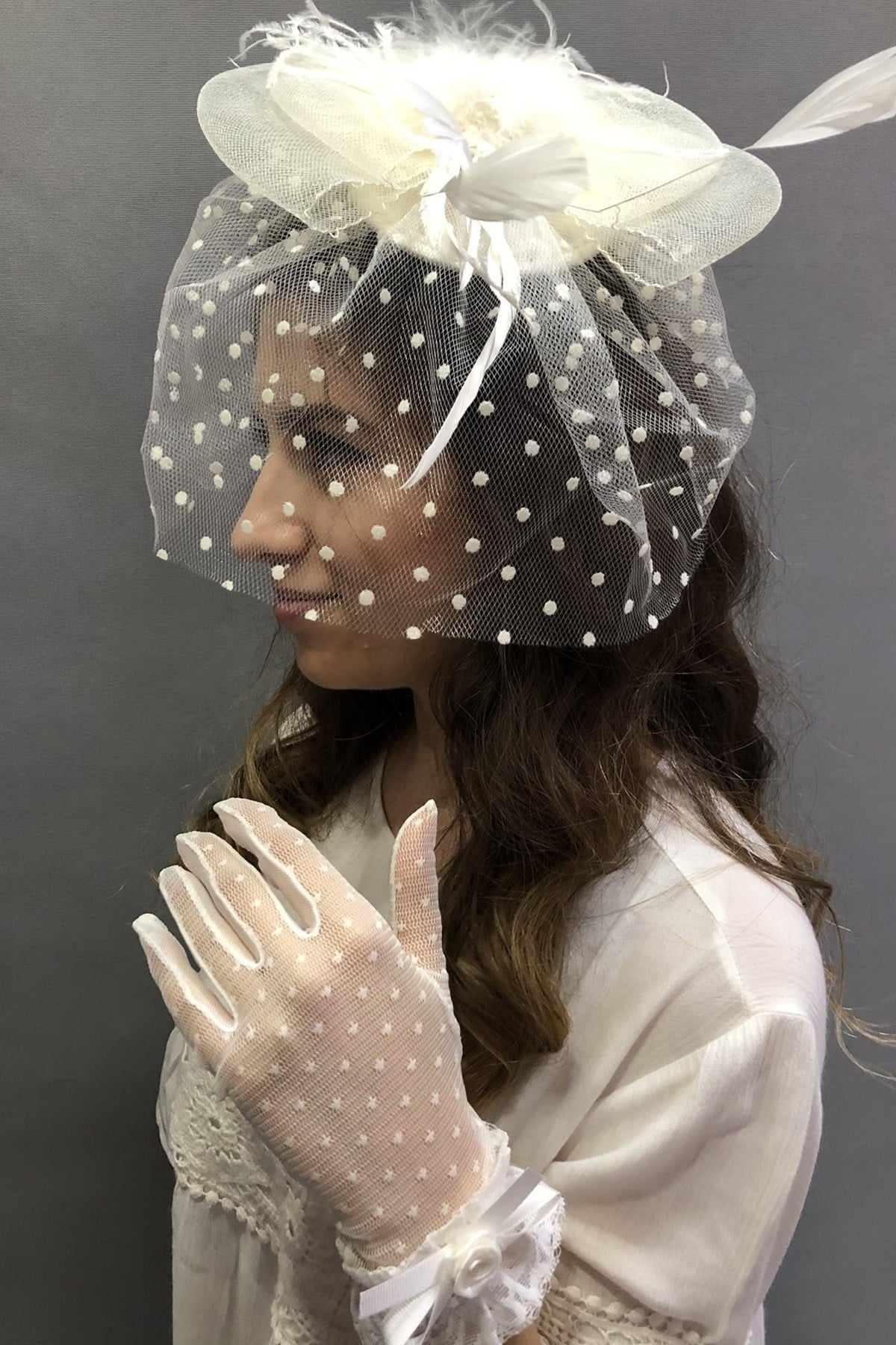 Cream Lace Gloves-Point Voile Wedding Hat Face Veils