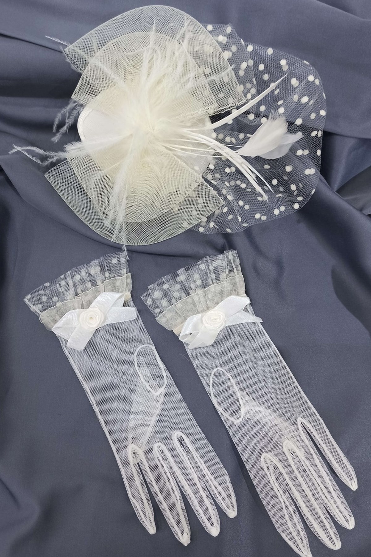 Cream Gloves-Vualet Wedding Cap Face Veils