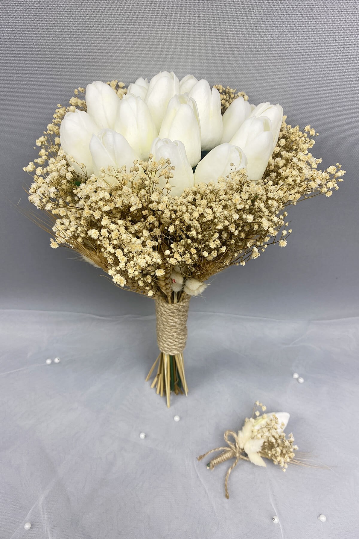 Cream Dried Flower White Wet Tulip Bridal Bouquet and Groom Boutonniere