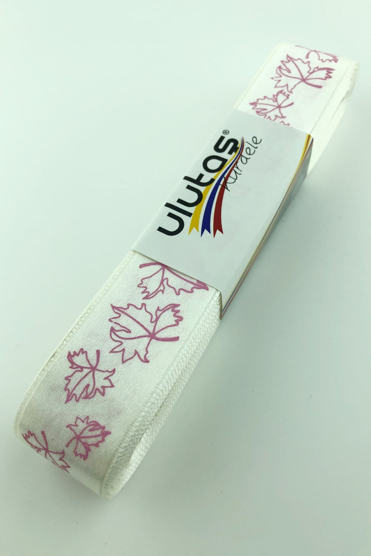 Cream Pink Leaf Printed Satin Ribbon 2.5 cm
