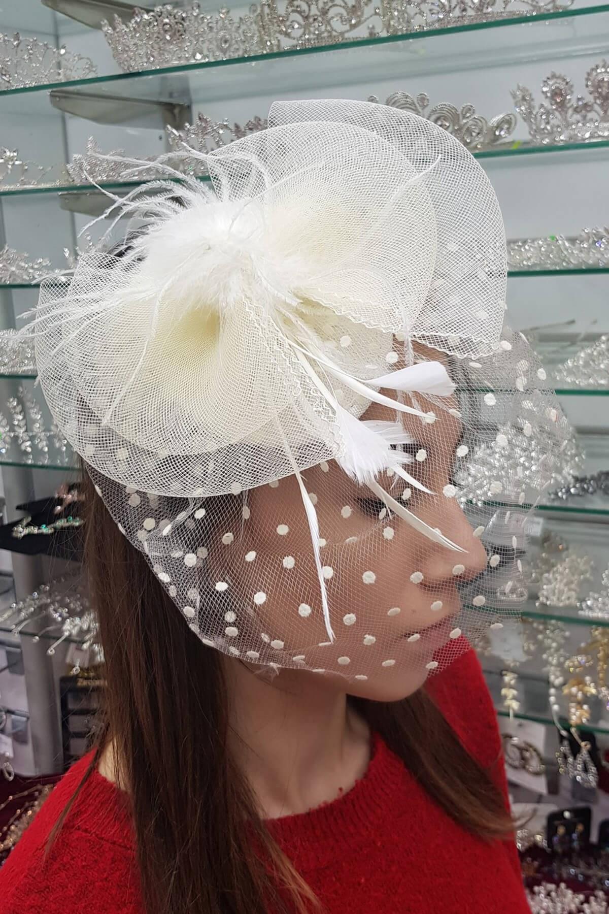 Toptan Krem Puantiyeli Vualet Nikah Şapkası