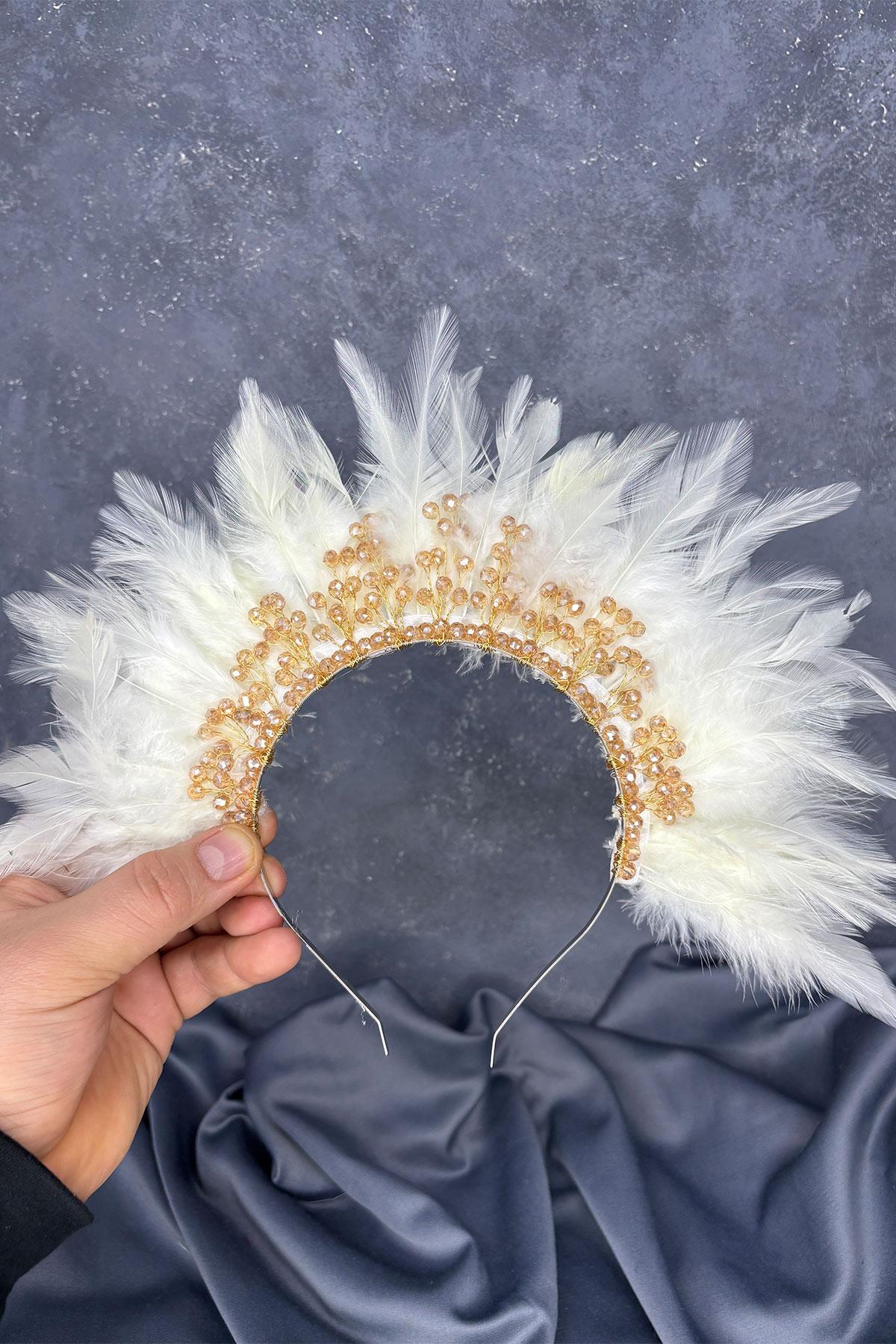 Cream-Colored Arden Bridal Henna Tiara with Feathers and Crystal Beads