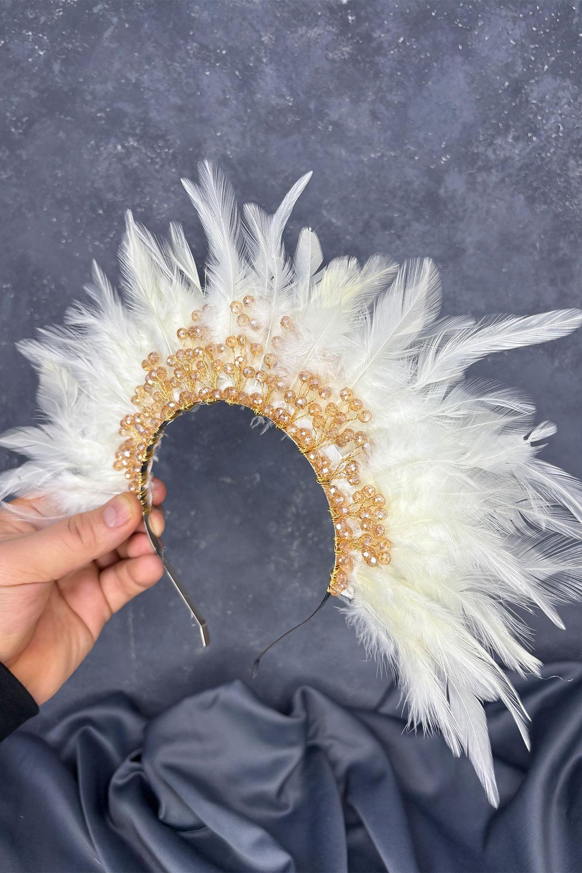 Cream-Colored Arden Bridal Henna Tiara with Feathers and Crystal Beads