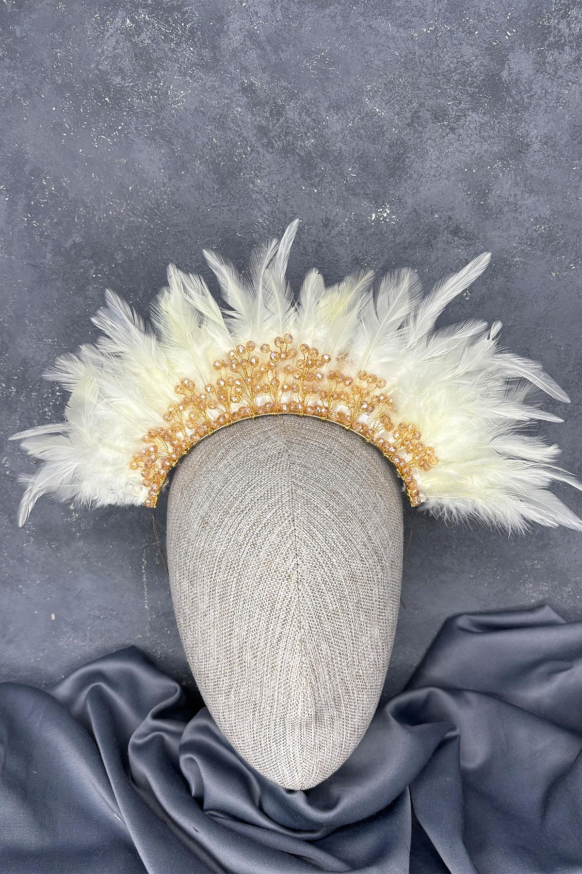 Cream-Colored Arden Bridal Henna Tiara with Feathers and Crystal Beads