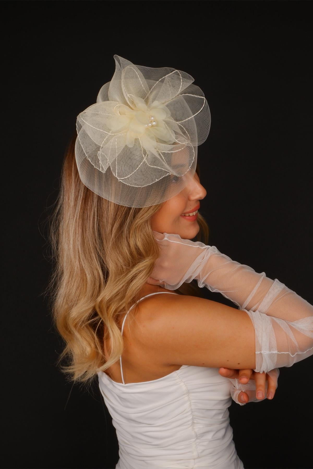 Wholesale Cream Voilet Wedding Hat Koev Tulle Bridal Accessory and Gloves