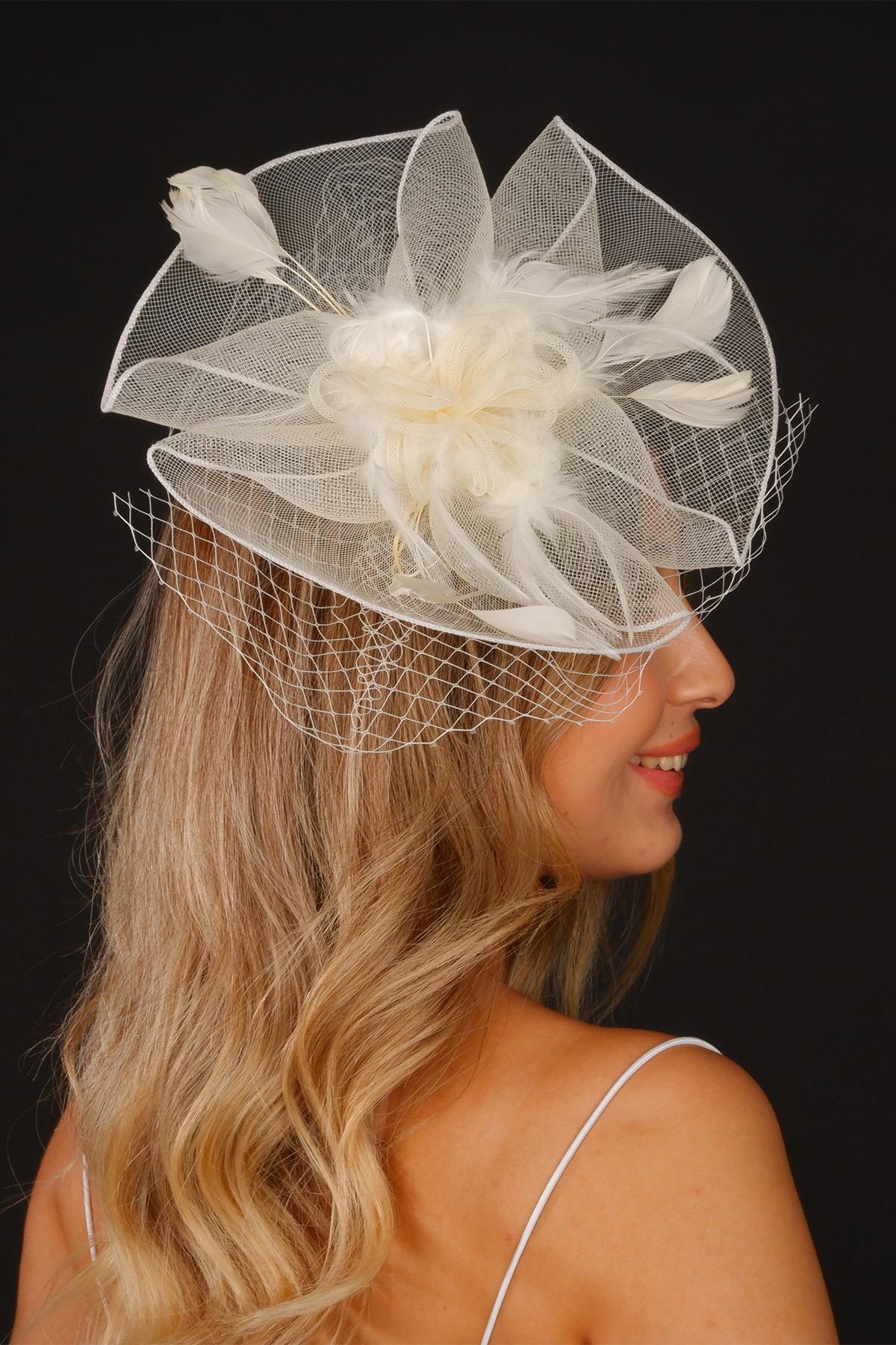Cream Voile Wedding Hat with Mist Tulle Bridal Accessory