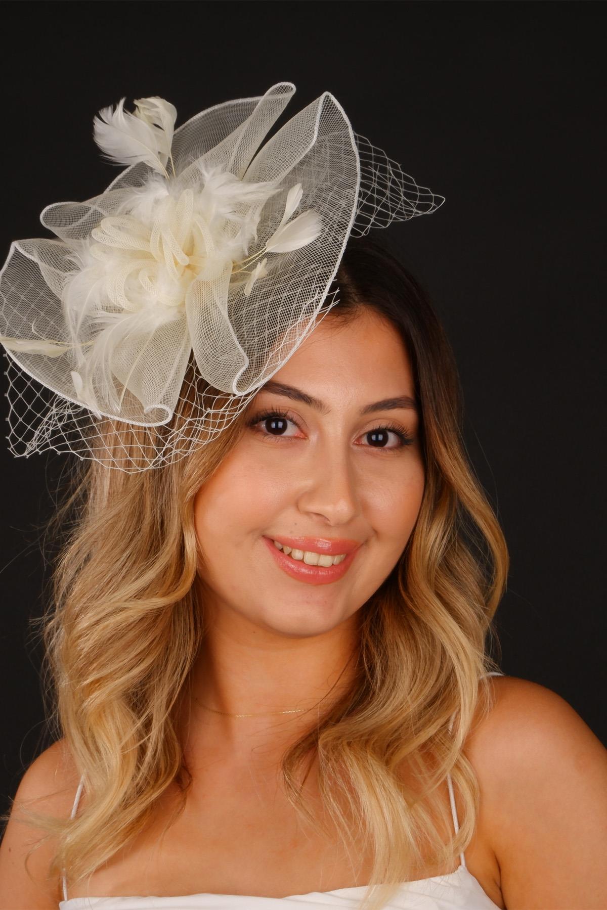Cream Voile Wedding Hat with Mist Tulle Bridal Accessory