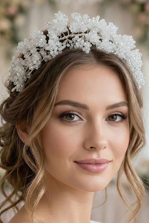 Kristal Boncuklu Yoğun İşlemeli Gelin Tacı Saç Asması Kına Nişan Düğün Saç Aksesuarı