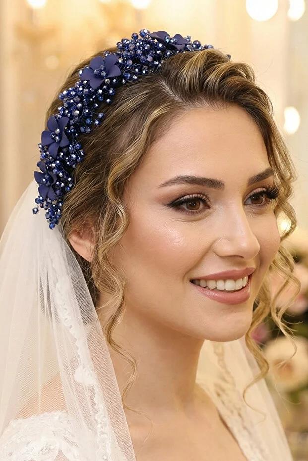 Kristal Taşlı Çiçekli Gelin Tacı Kına Ve Nişan Saç Aksesuarı