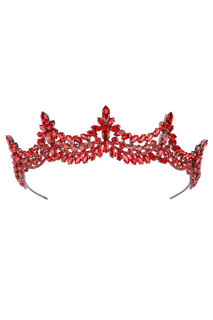Crystal Embellished Sparkling Bridal Princess Tiara Queen Costume Crown for Henna Night Red