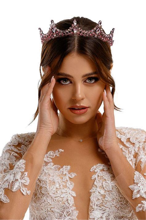 Crystal Embellished Sparkling Bridal Princess Tiara Queen Tiara for Henna Night Wedding Crown Pink