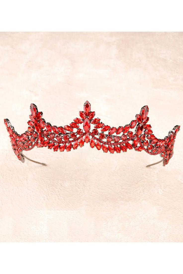 Crystal Embellished Sparkling Bridal Princess Tiara Queen Costume Crown for Henna Night Red