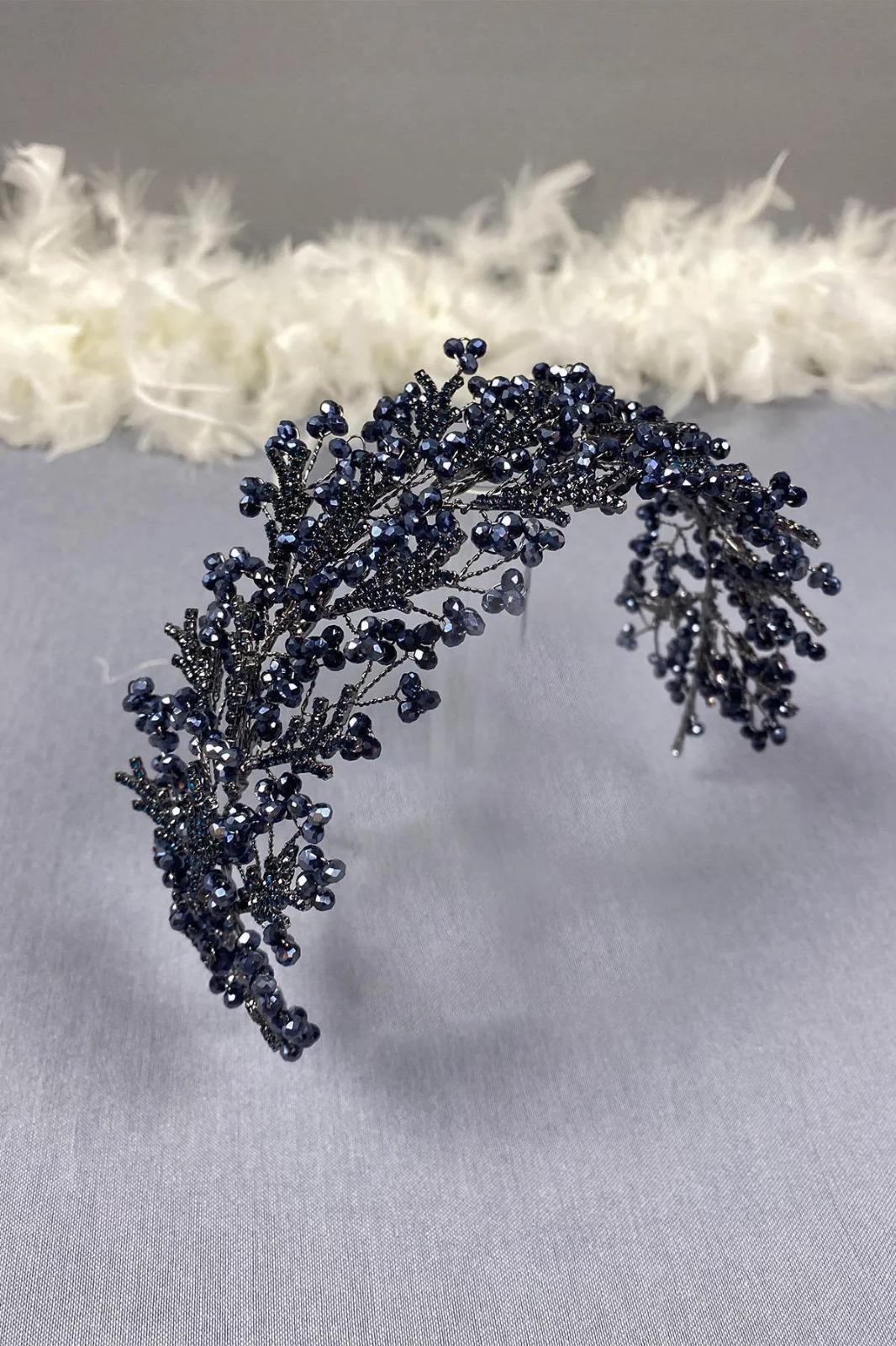 Navy Blue Arden Crystal Beaded Headband and Bridal Henna Tiara