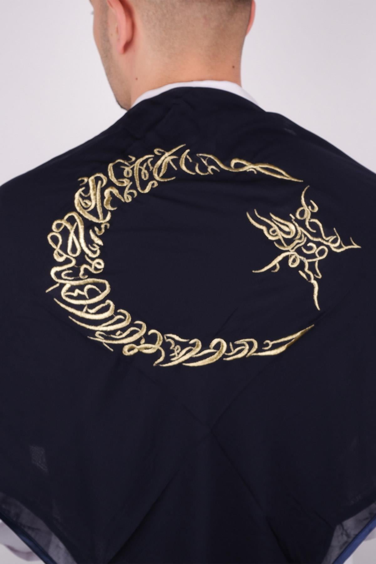 Navy Blue Crescent Star Gold Embroidered Piping Grooms Cloth