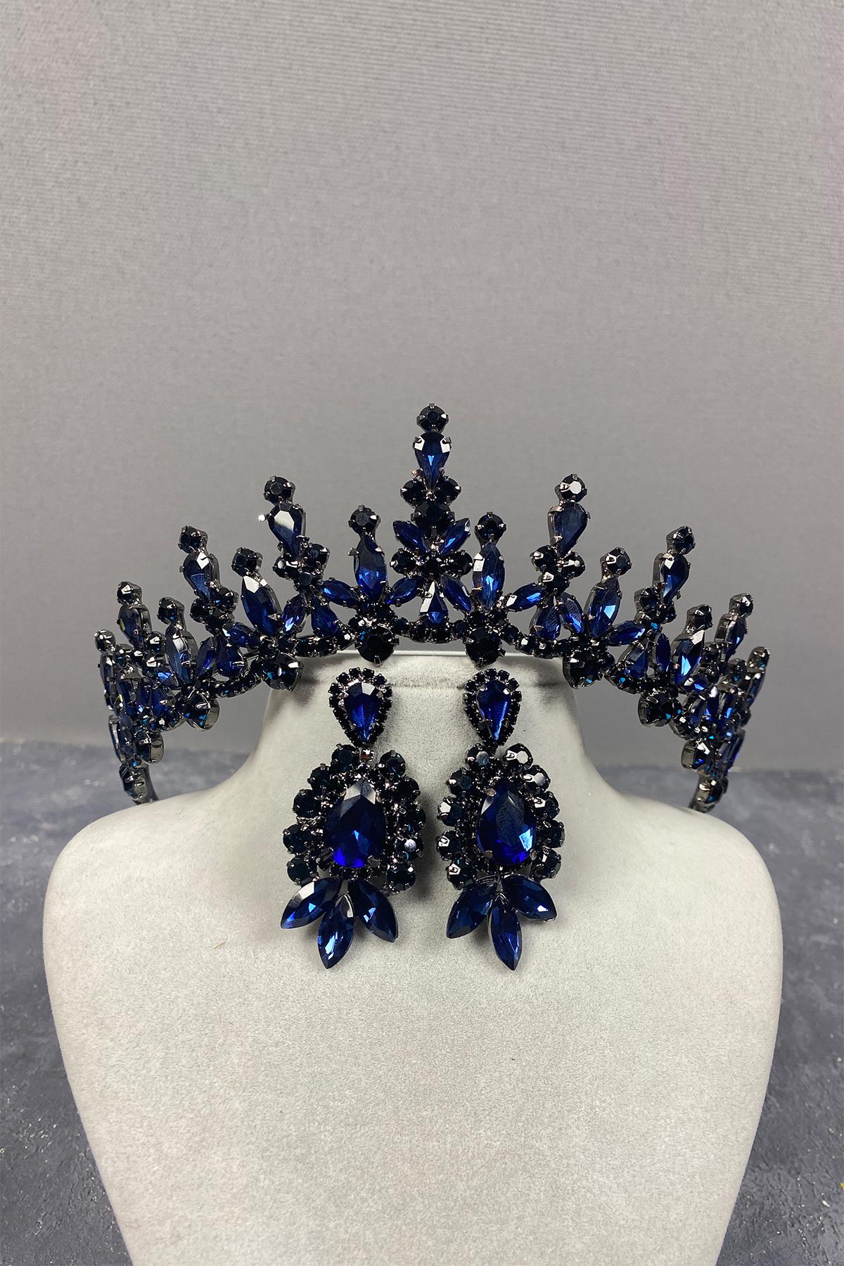 تاج حنة زفاف باللون الأزرق الداكن وأقراط