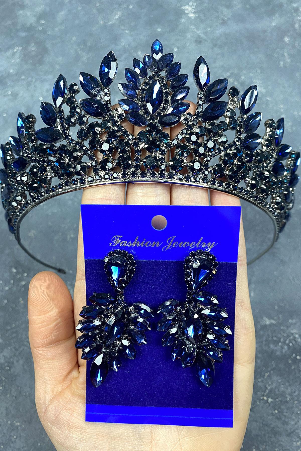 Navy Blue Danver Stone Bridal Henna Crown And Earring Set