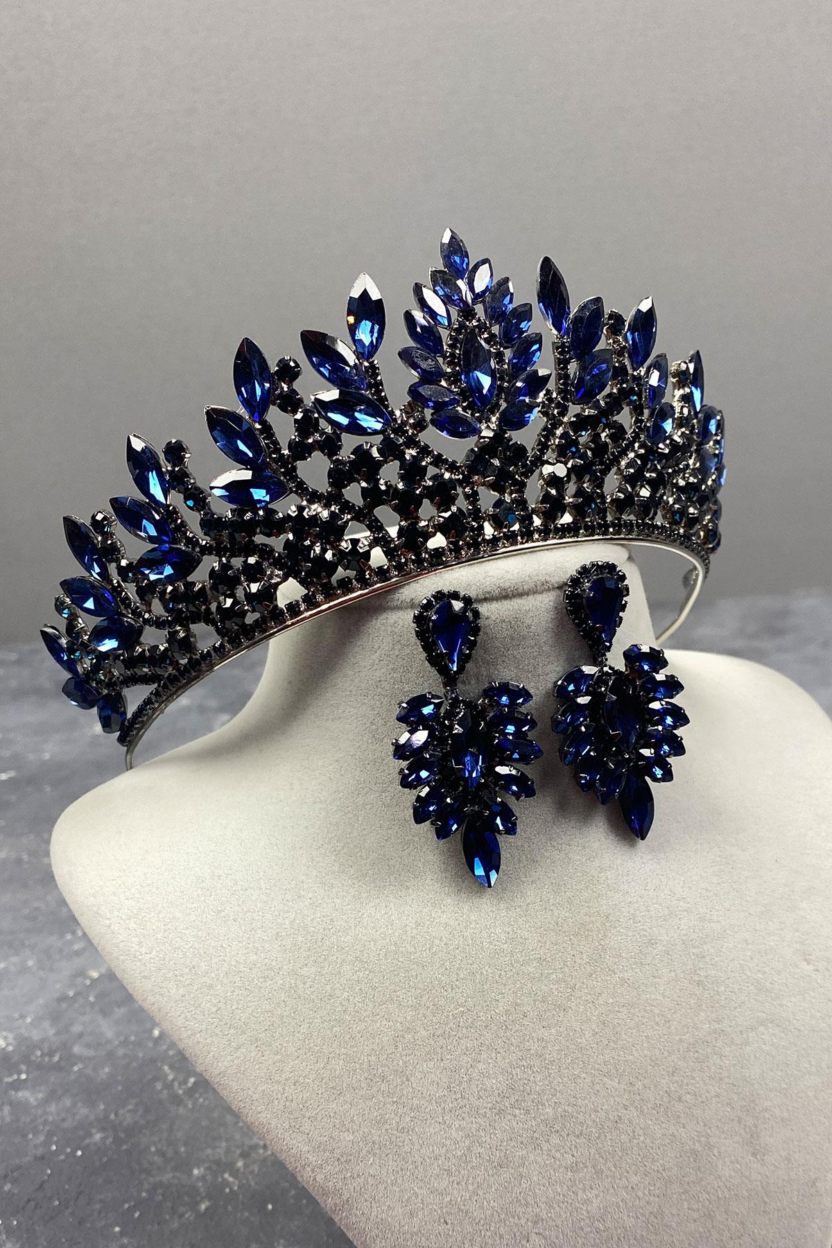 Navy Blue Danver Stone Bridal Henna Crown And Earring Set