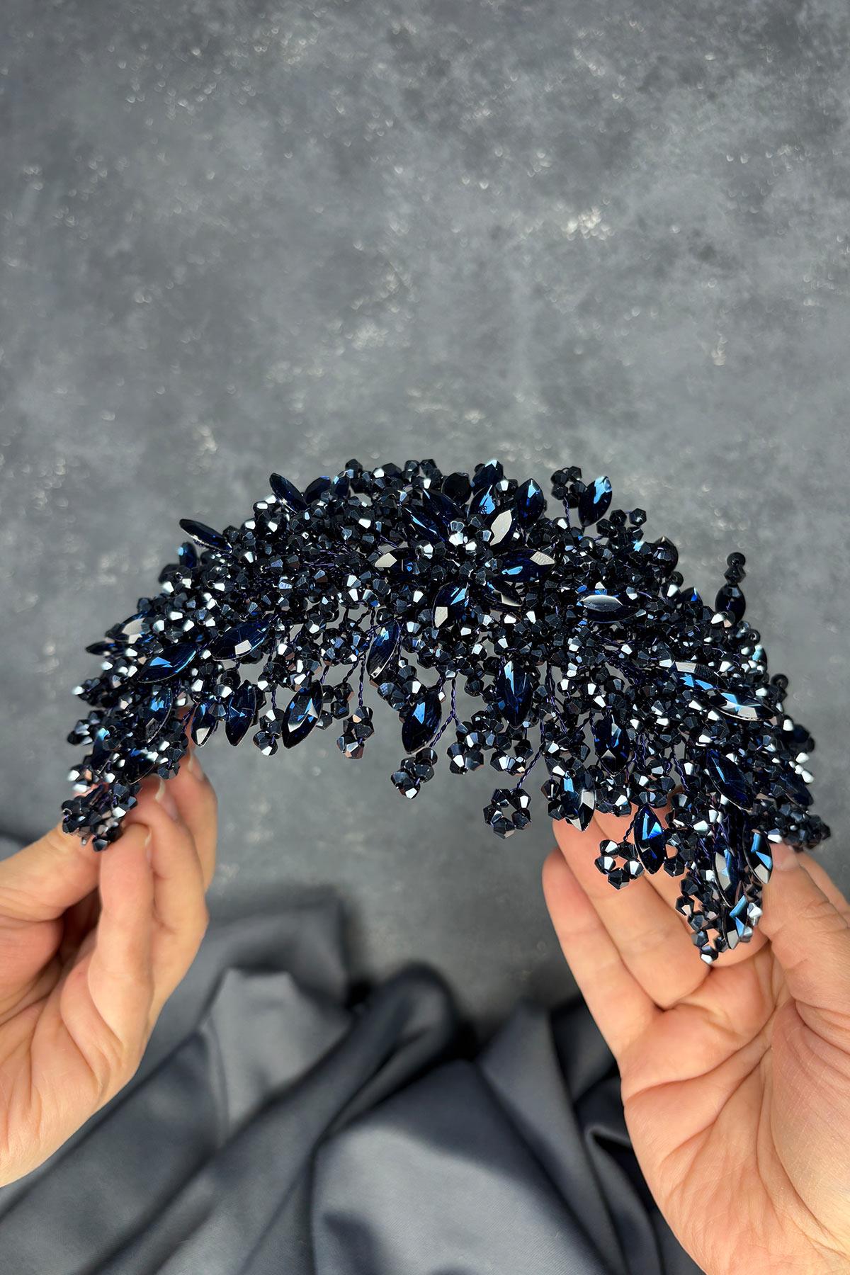 Navy Blue Elena Bridal Tiara with Intense Beadwork, Hair and Turban Accessory