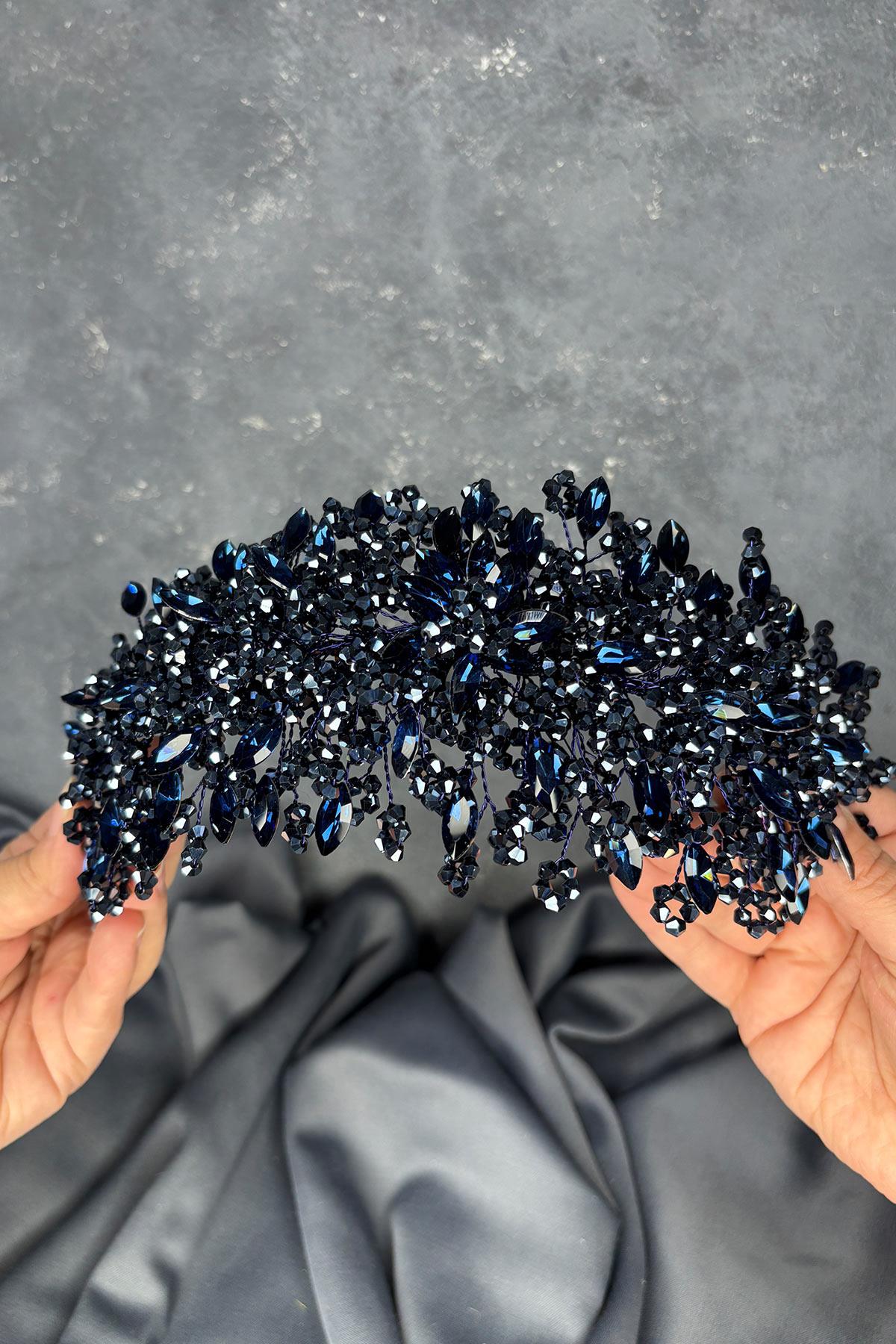 Navy Blue Elena Bridal Tiara with Intense Beadwork, Hair and Turban Accessory
