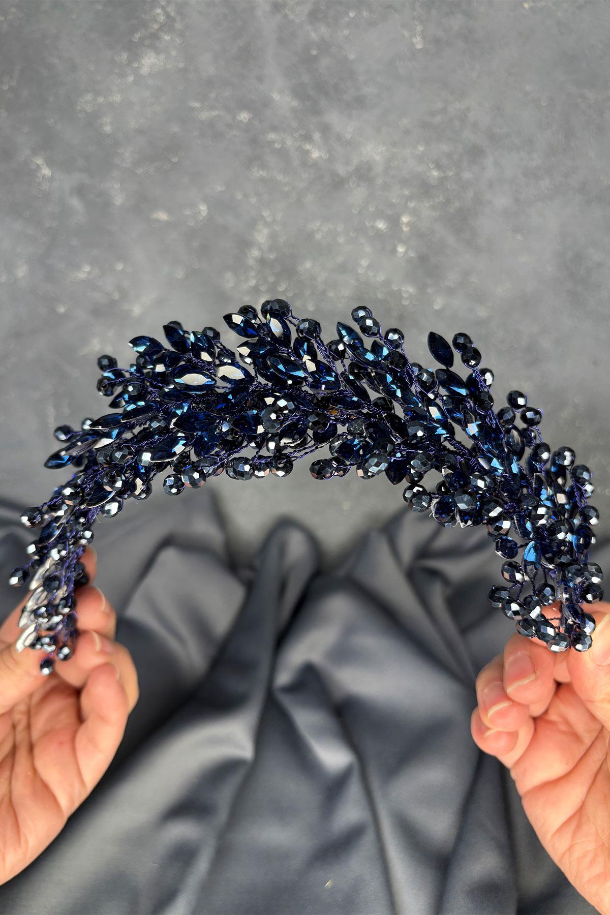 Navy Blue Elisa Beaded Bridal Henna Tiara Hair and Turban Accessory